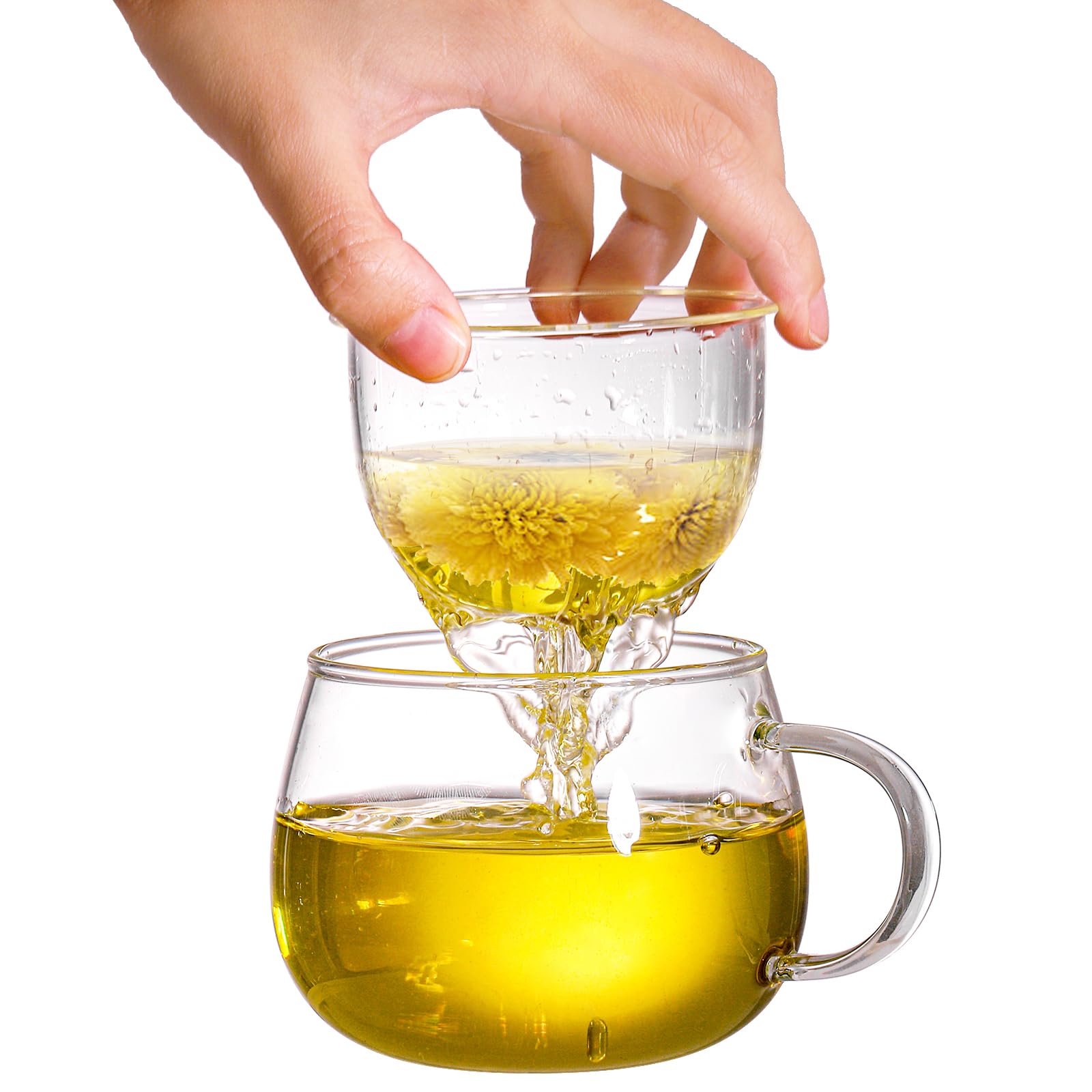 Tosnail Lot de 2 tasses à thé en verre de 388,5 g avec couvercle et infuseur à thé, tasses à thé transparentes avec filtre à thé, tasses en verre pour infusion de thé en vrac