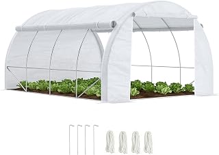 Outsunny Gewächshaus Foliengewächshaus mit UV-Schutz, 3,97 x 3 x 2 m Tomatenhaus mit Seitentür, Winddichtes Folientunnel Gewächshaus für Garten, Balkon, Stahl, Weiß