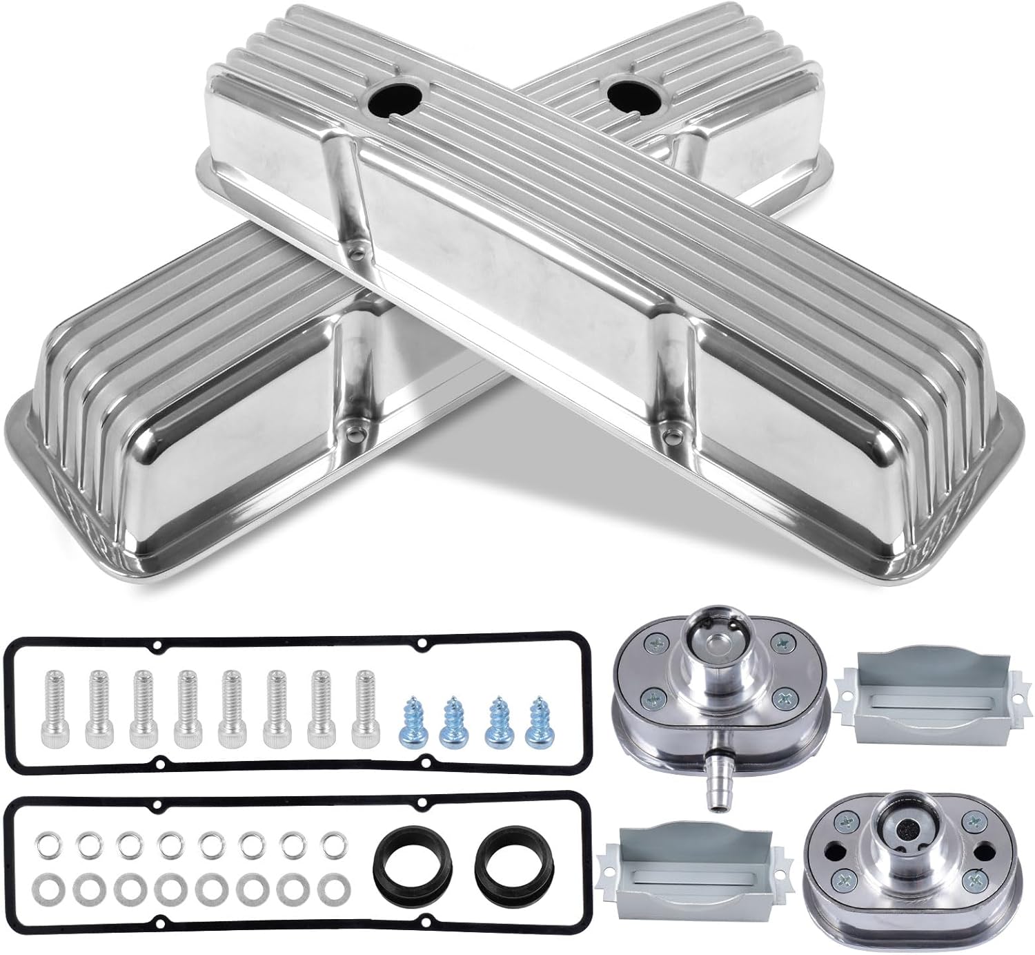 Aluminum Tall Valve Covers for 1958-1986 Chevy SBC 283, 302, 305, 327, 350, 400 Engine Small Block Finned Polished Valve Covers