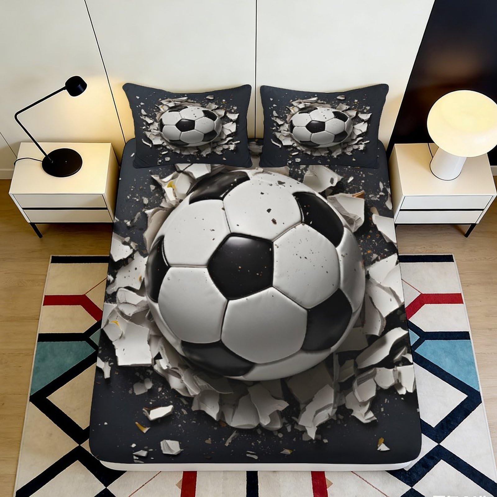 Jqzkxnhpbr Style-1 3D Printed Soccer Ball Fitted Sheet Microfiber Soft Black White Cracked Wall Bed Cover For Bedroom Guestroom Decor 90X200x25cm