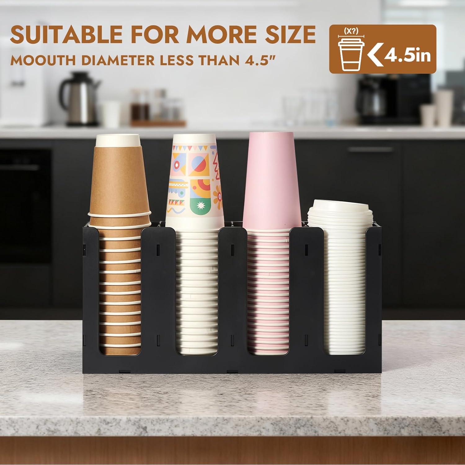 CURTA 4 Compartment Splicing Disposable Paper Cup Dispenser, Coffee and Lid Storage Organizer Holder for Countertop Bar,Restaurant,Breakroom,Party, Black