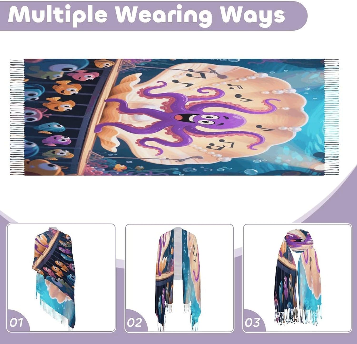 Octopus Cartoon Scarfs for Man Women Winter Scarf Fashion Long Shawl Wraps Classic Tassel Scarfs Soft Blanket Scarves