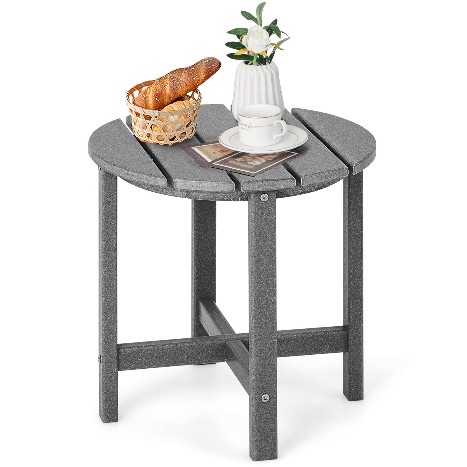 COSTWAY Table d’Appoint Extérieure en HDPE Résistante aux Intempéries Charge 100KG, Table Basse de Jardin Ronde Design Adirondack, pour Patio Terrasse Cour 46 x 46 cm, Gris