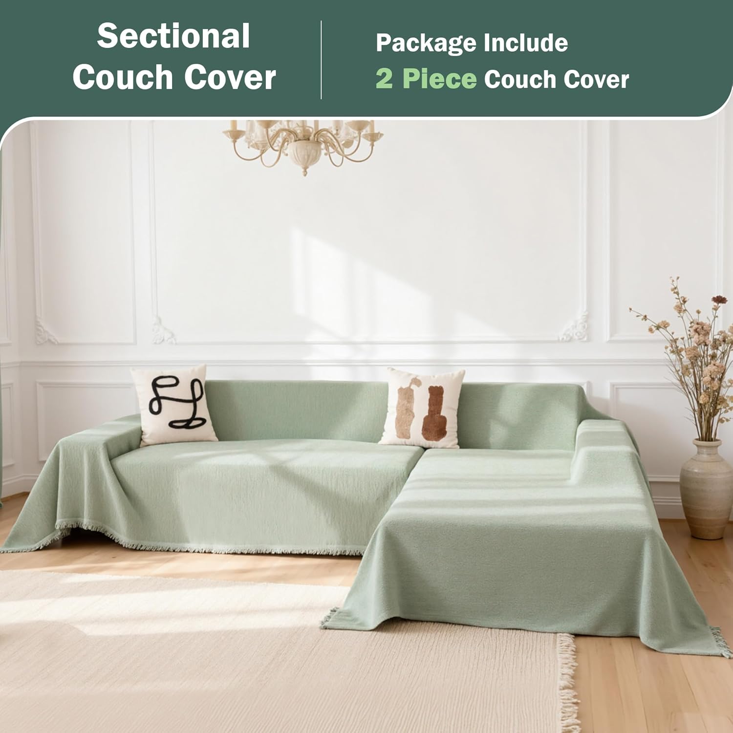 MEETSKY Sectional Couch Covers for Dog Chenille Sofa Cover, 2 Pieces Couch Cover for L Shape Sofa, Furniture Protector for Pets, Sofa Slipcover for 2-3 Cushion Couch (71"x118"+91"x118", Sage Green)