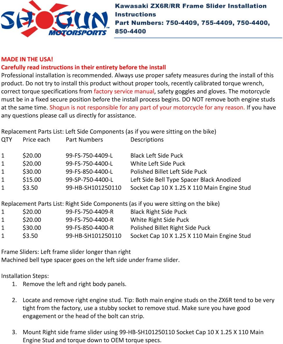 Shogun USA Made Kaw ZX6R ZX6RR ZX636 ZX6 2005 2006 Black Frame Sliders - 750-4409