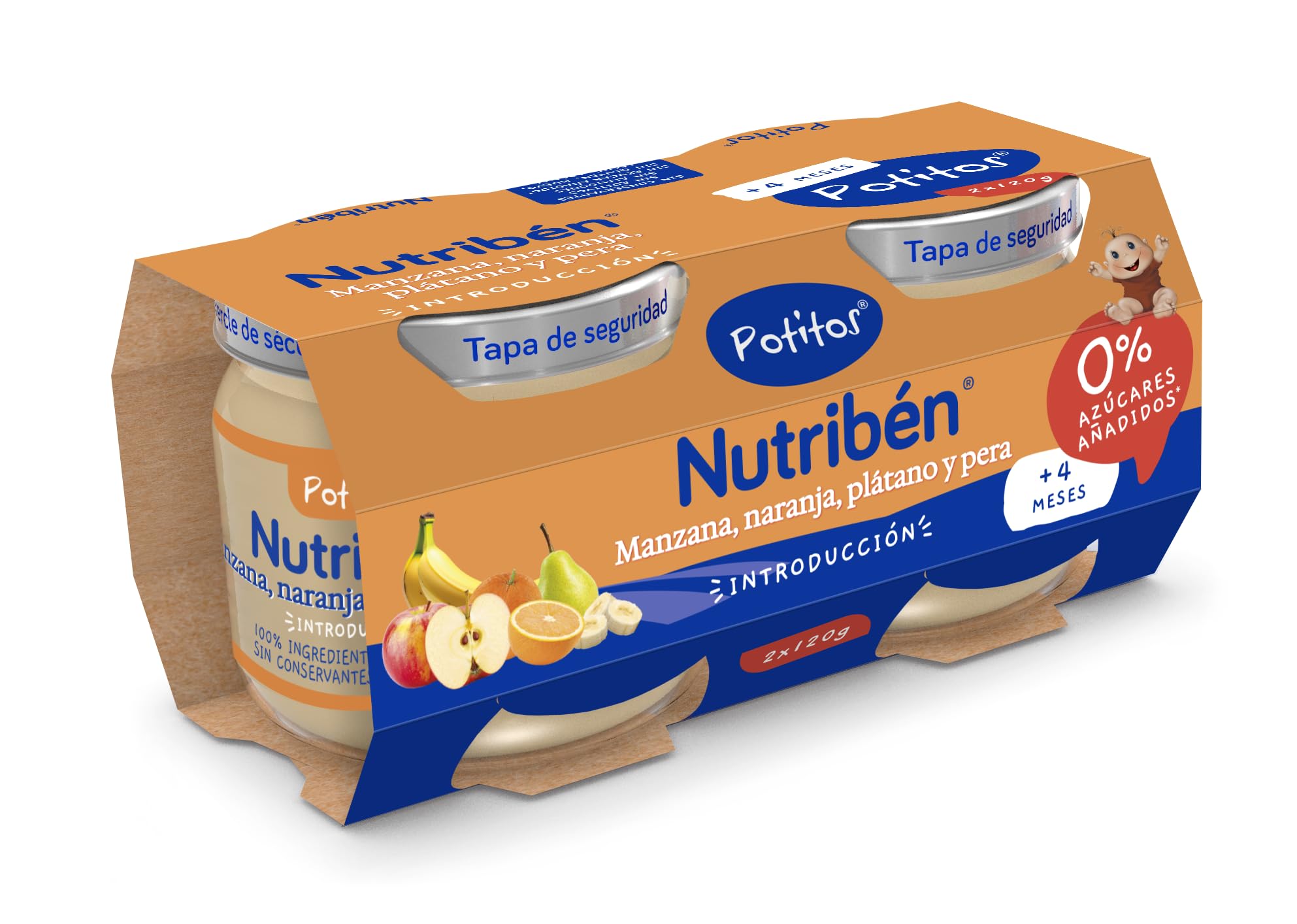 Nutribén Potitos Tarrito Introducción a la Manzana, Naranja, Plátano y Pera Para Bebés 4 Meses Sin Almidones Pack 2 Unidades 120g 240g