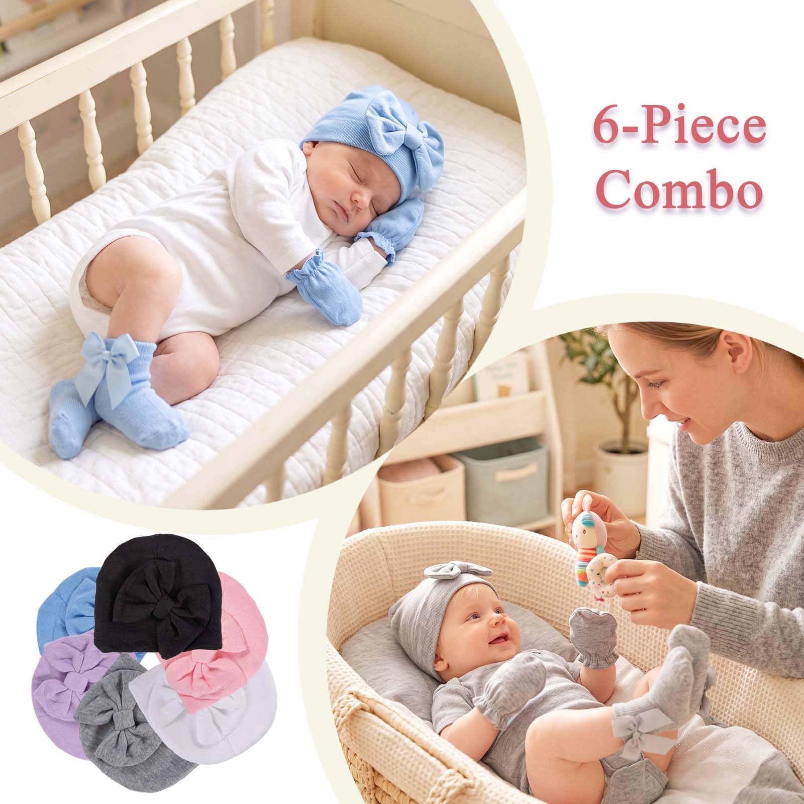 Frühchenmütze, Fäustlinge und Socken, 6 Stück, Baumwollschleifen-Kappen und kratzfeste Frühchen-Fäustlinge für Babys und Mädchen