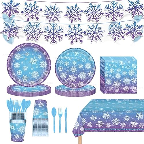 JQSSHXB 170PCS Frozen Birthday Party Decorations Purple and Blue Snowflake Winter Wonderland Include Disposable Plates, Cups, Cutlery, Banner, Tablecloth for Christmas Winter Wonderland Decorations