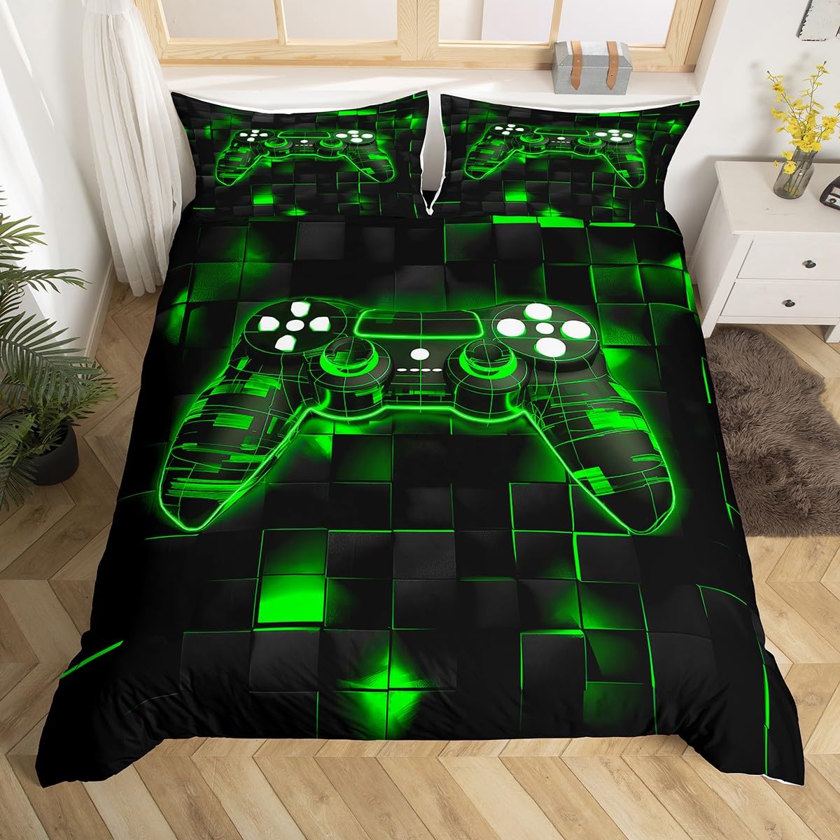 Homewish Teen Boy Gaming Cot Duvet Cover Set - Neon Green Gamer Bedding Kids Boys Game Room Decor - Geometric Square Pattern Quilt Cover Modern Abstract Check Grid Bed Sets with 1 Pillowcase — image 1