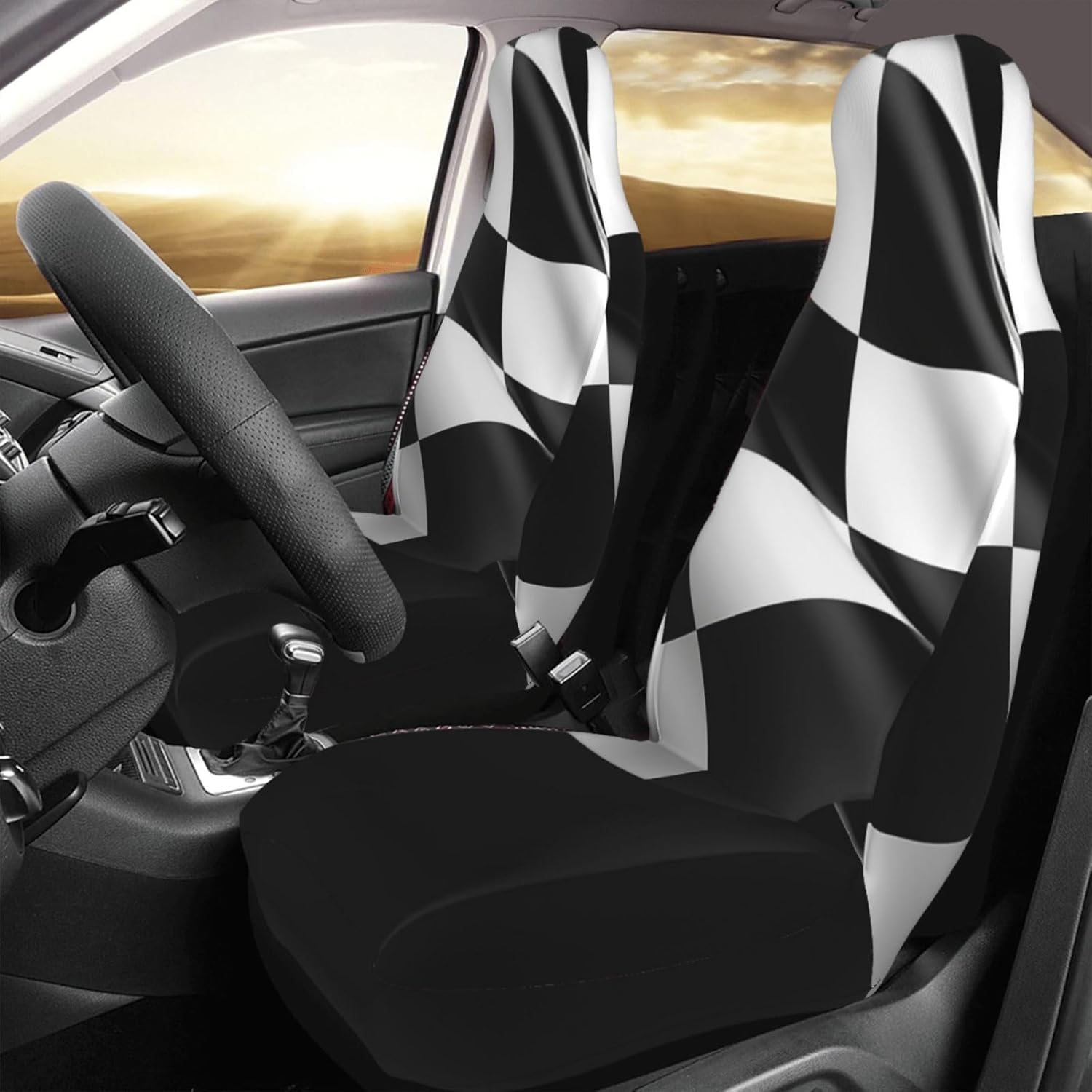 Car Seat Cover 2 Pack Front Seat Covers Black White Formula Checkered Flags Pattern Seat Covers for Car Seat Protector with Elastic Straps Car Mat Covers Car Interior Cushion Protector for Most Cars