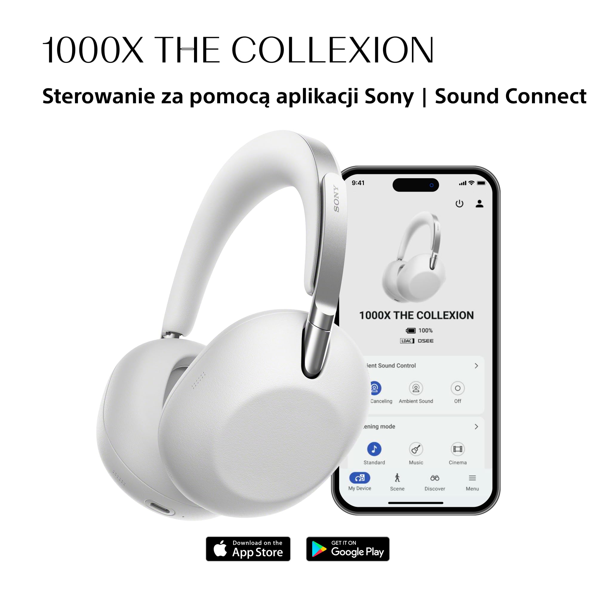 SONY 1000X THE COLLEXION Luksusowe bezprzewodowe słuchawki nauszne Bluetooth, dźwięk Hi-Res, aktywna redukcja hałasu Premium NC, 360 Spatial Audio, etui, iOS & Android, platynowo-białe, nowy model