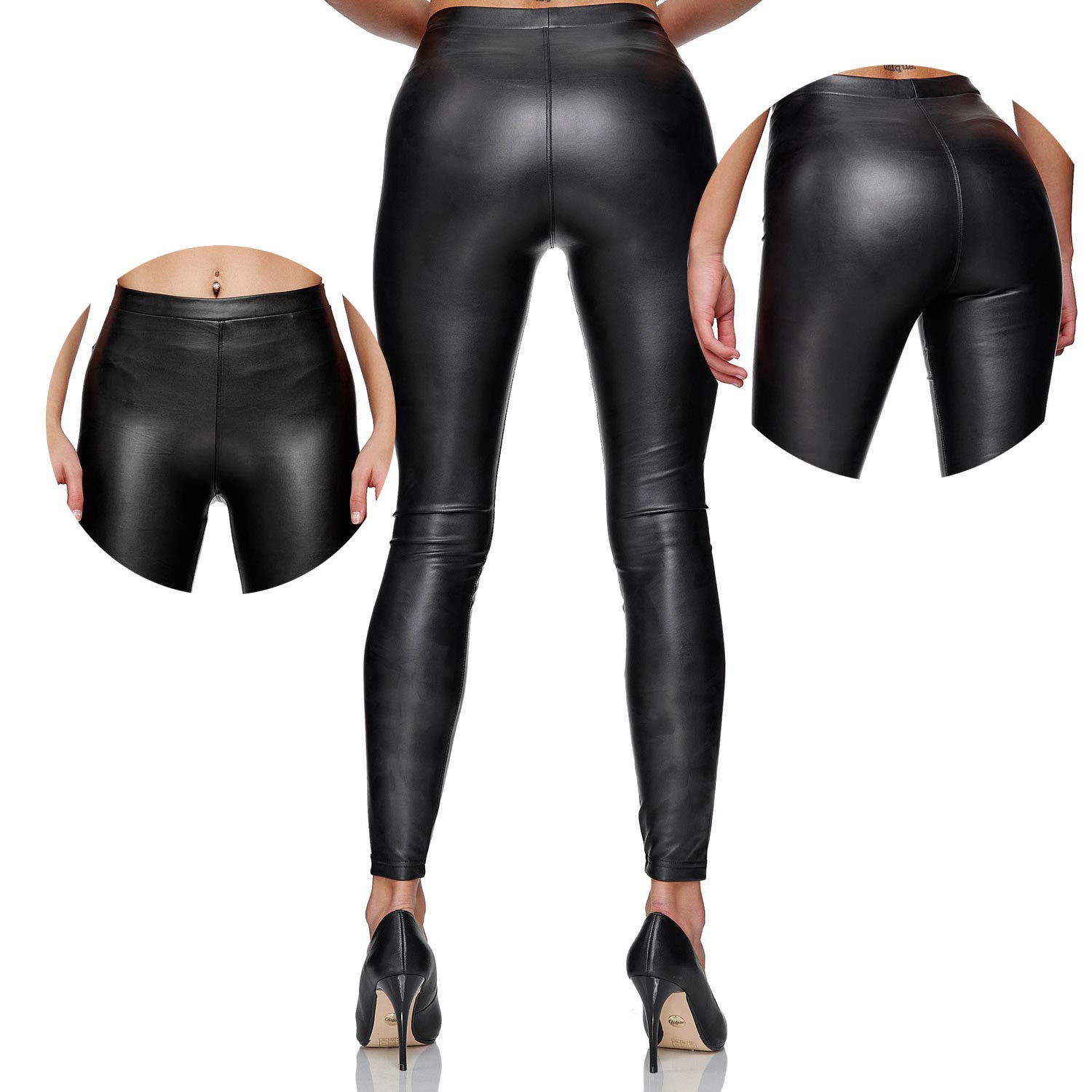 Gloop Leggings da donna in ecopelle a vita alta, leggings in pelle, nero opaco, XXL