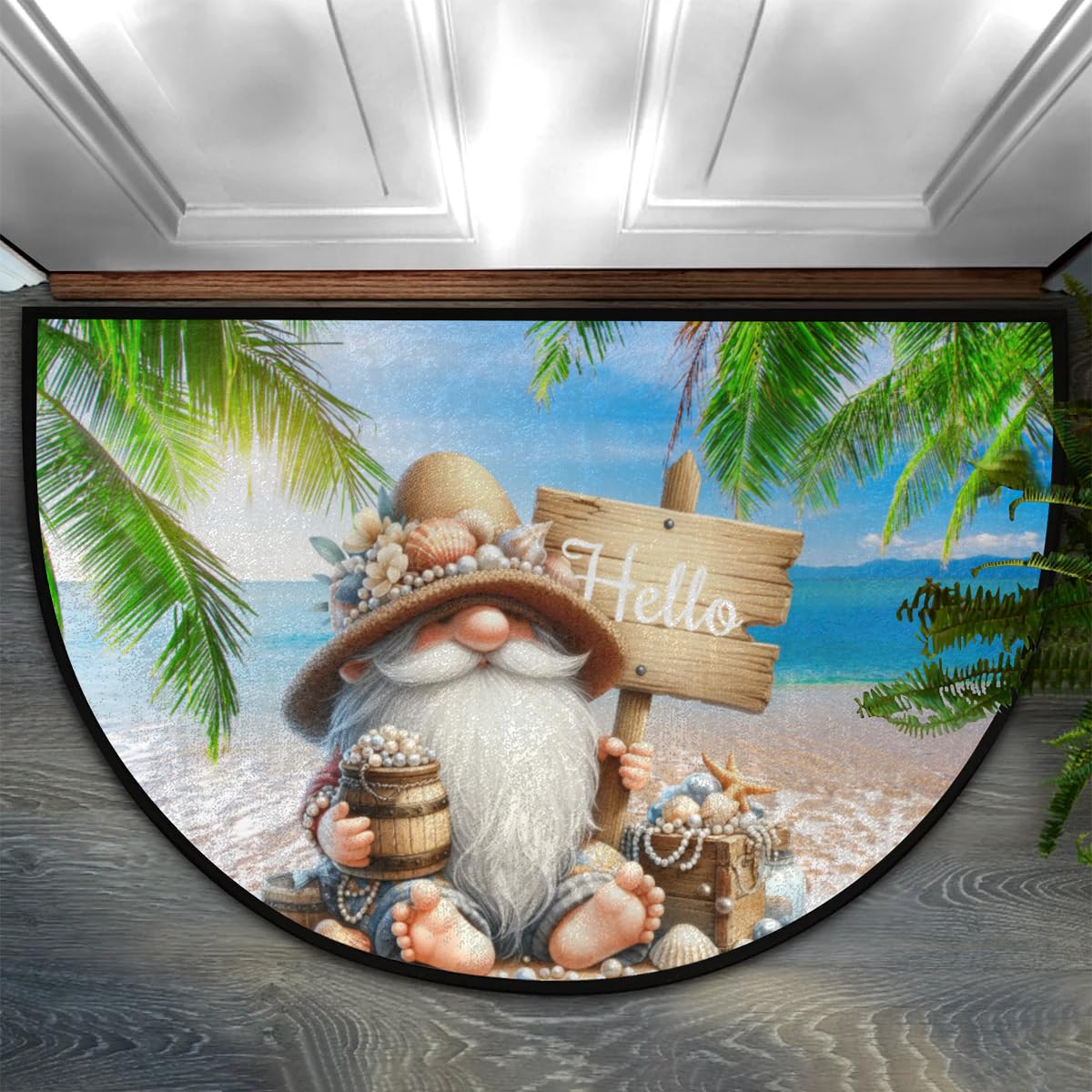 Half Round Door Mat Beach Summer Gnome Semi Circle Area Rug Washable Half Moon Bathroom Rugs Entryway Rug for Indoor Bathroom Kitchen Hearth Fireplace
