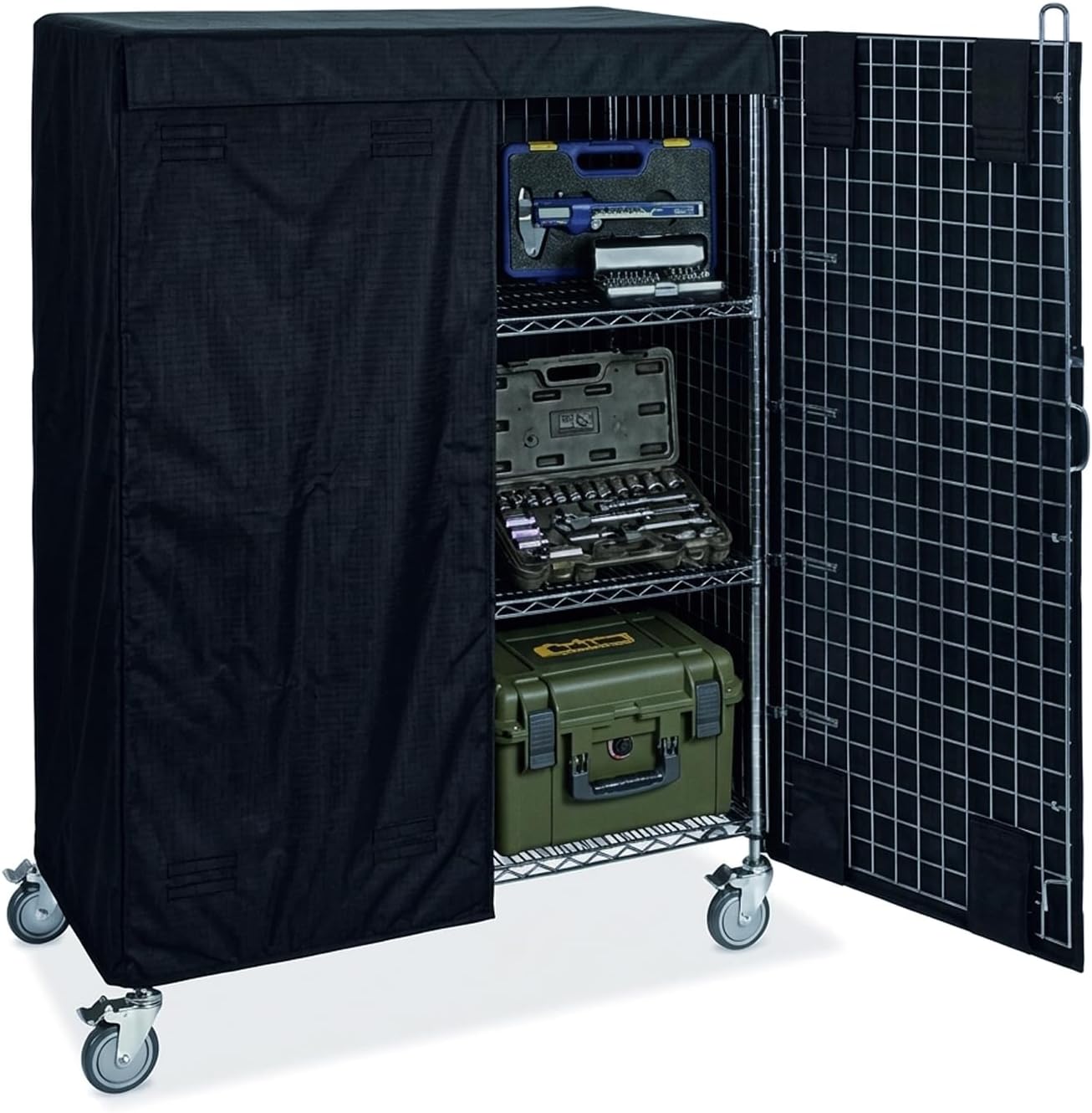 Wire Security Cart Cover with 2 Opaque Label Pockets, 420D Heavy Duty Garage Tool Cart Cover, Hook and Loop Closure Rolling Maintenance Trolley Sleeve, 48x24x63 Inches Black