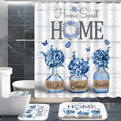 Juego de 4 cortinas de ducha de hortensias azules, juego de baño Home Sweet con alfombras y accesorios, decoración de baño de campo de granja