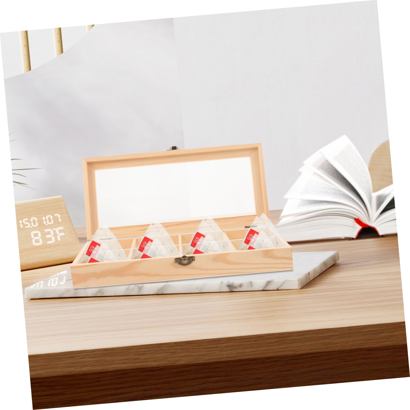 COLLBATH Scatola la Conservazione delle Bustine di Tè in Legno 8 Scomparti e Finestra in, Porta Bustine di Tè e Scatola da Snack Multiuso per Casa, Ufficio e Picnic (29x13x5 Cm