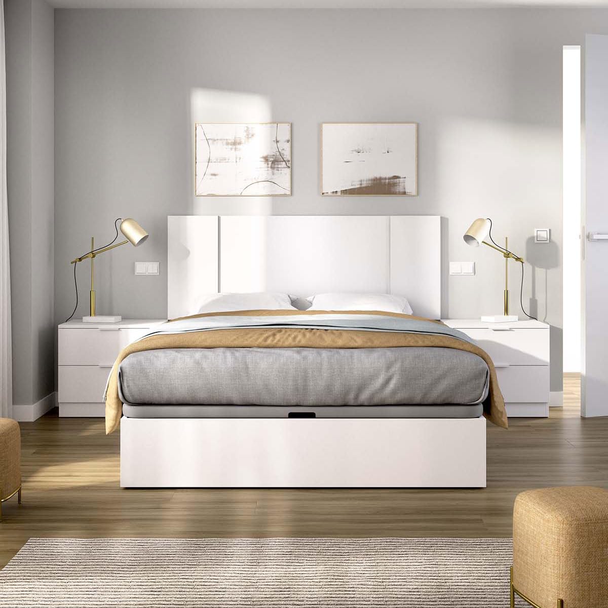 DEKIT - Pack Ahorro Dormitorio Canapé Nest con Cabezal Flow con 1 Colchón viscoelástico con muelles ensacados Aurea 135 x 190cm