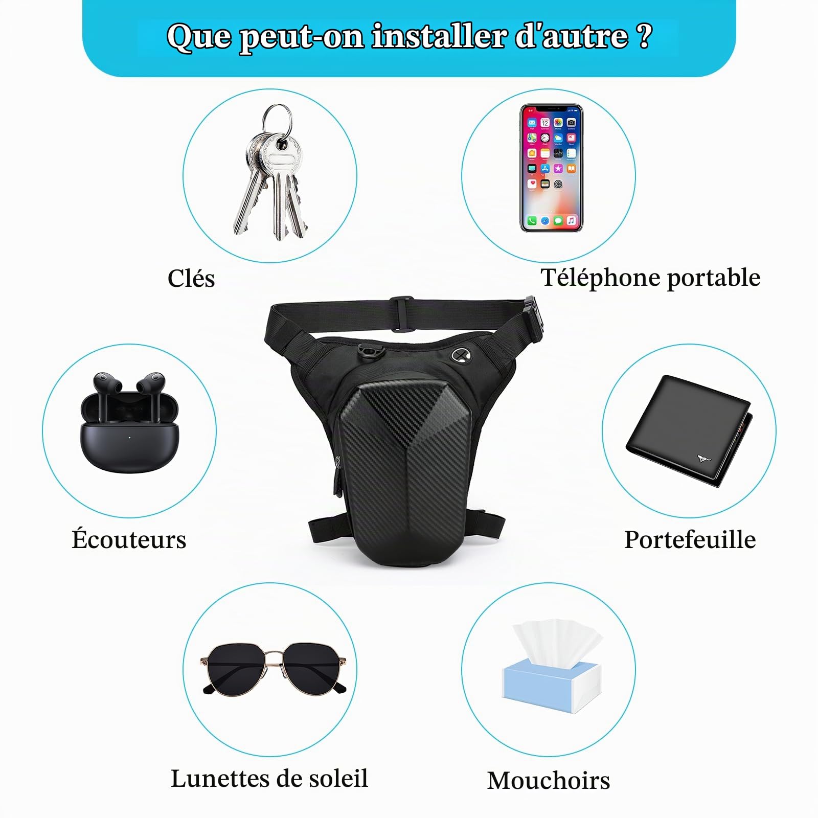 Sacoche de Jambe Moto Sac Banane Pochette Ceinture Sac de Jambe Capacité Extensible Coque EVA Sangle de Jambe Réglable pour Pêche Randonnée Cyclisme