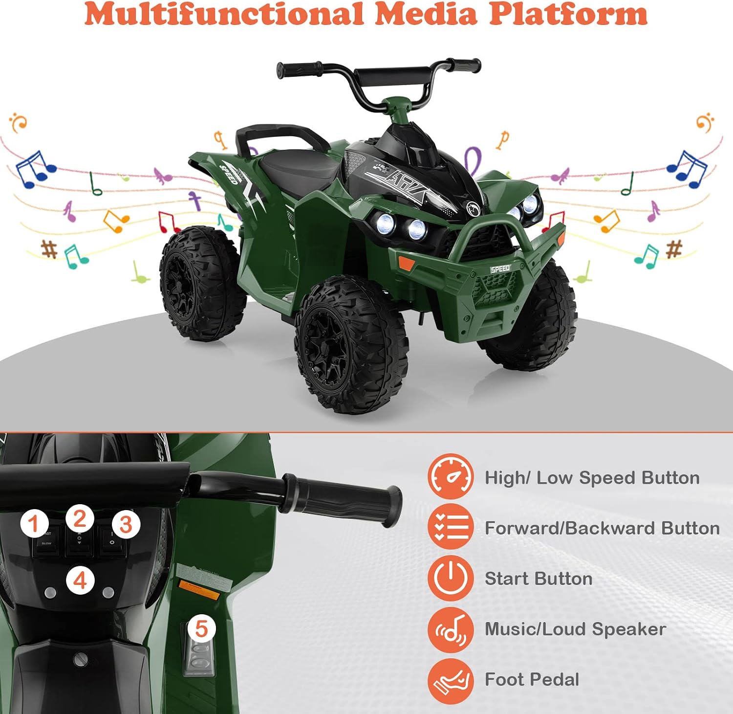 HONEY JOY 12V Ride On ATV, Battery Powered Electric Vehicle for Kids with Tread Tires, Forward/Backward, Horn, Music, Lights, High/Low Speed, 4 Wheeler Ride On Quad, Gift for Boys Girls (Green)