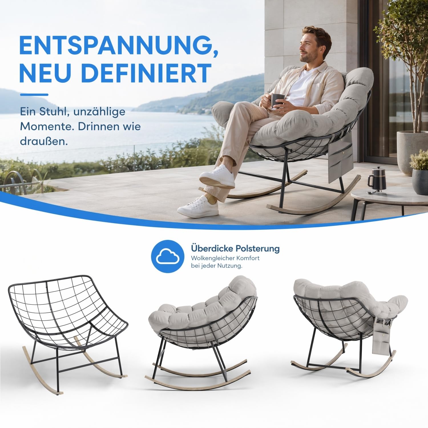 Schaukelstuhl Extrabreiter Ei-Schaukelsessel Outdoor mit Seitentasche, Relaxsessel Wippfunktion mit Abnehmbares Sitzkissen für Wohnzimmer Garten Balkon, Stahlgestell, Bis 150 kg Belastbar – Aprikose