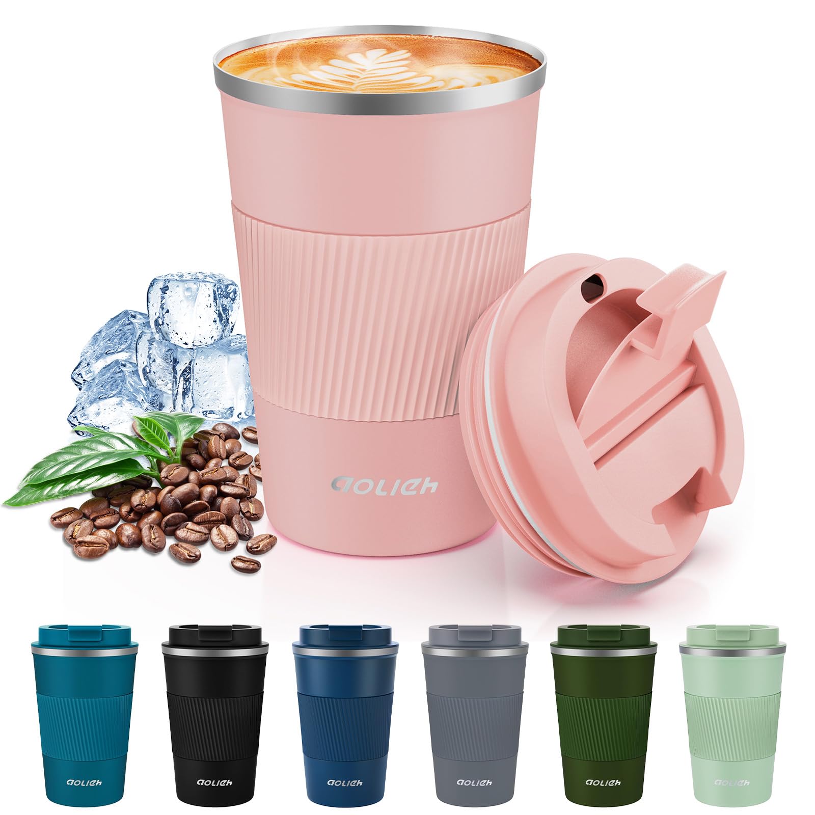 Aolieh Thermobecher 380 ml, Kaffeebecher to Go aus Edelstahl mit auslaufsicherem Deckel, doppelwandig isolierter Travel Mug für Kaffee und Tee und Wasser, wiederverwendbar, Korallenrosa