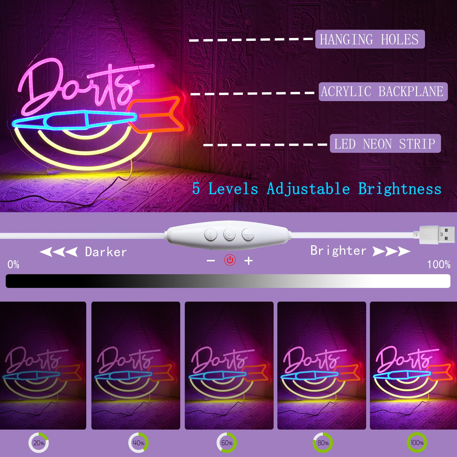UExnkj-Y Darts Neon Sign LED Bar Neon Lights Wall Decoration USB powered LED neon light with dimmable switch suitable for game room,club,party,nightclub,gift,Halloweenwall decoration - Image 3