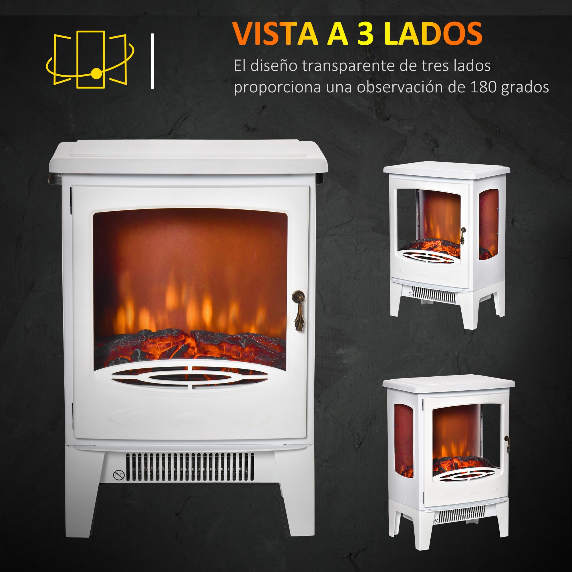 HOMCOM Chimenea Eléctrica 900W/1800W Decorativa de Pie con Ventanas Efecto Llama Temperatura Ajustable Protección Sobrecalentamiento 20-25㎡ Blanco