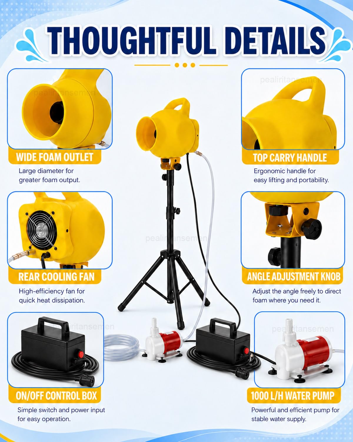Máquina De Espuma para Fiestas 150 W, Cañón con Distancia De 3–5 M, Trípode Ajustable, Bomba De 1000 L/H Y Caja De Control para Jardín, Piscina Y Eventos Escolares Blue