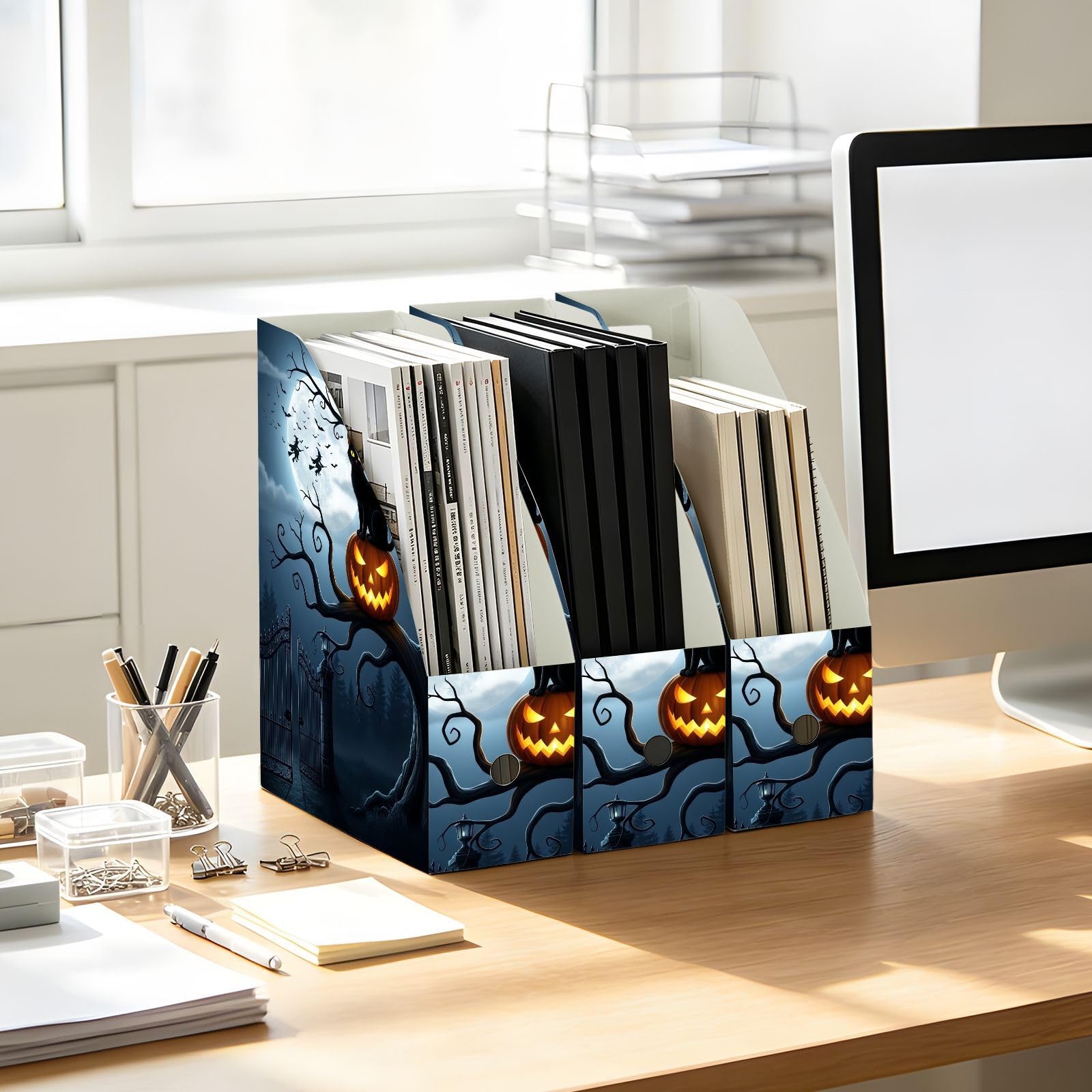 Accattivante organizzatore di file nero gatto di Halloween per scrivania