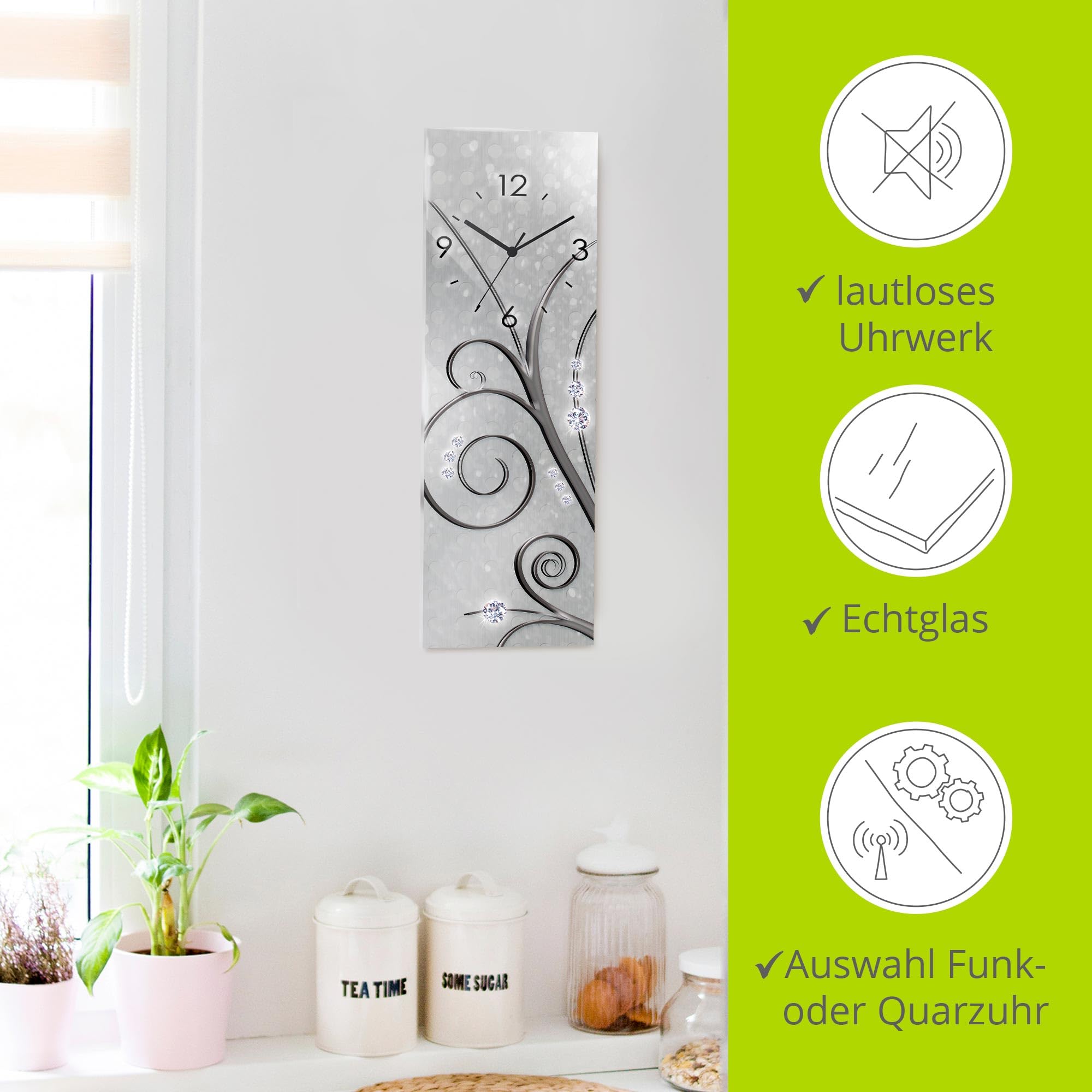 ARTLAND Wanddeko Wanduhr ohne Tickgeräusche Glas Quarzuhr 20x60 cm Rechteckig Lautlos Blumenbilder Orchideen Abstrakt Kunst Blumen Ornamente U1QV