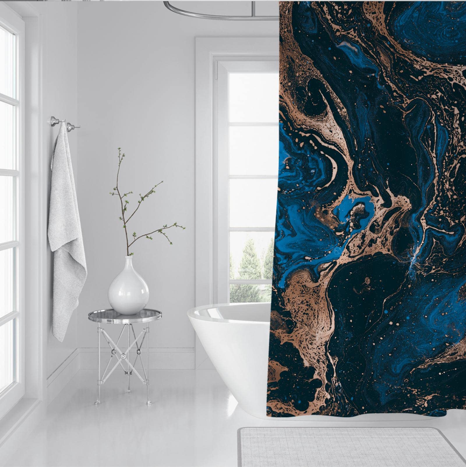 Set di Tende da doccia con struttura in marmo blu navy con 12 ganci Design originale Oro Arredamento rustico per la casa Mantieni il bagno asciutto Materiale impermeabile W180xL240cm