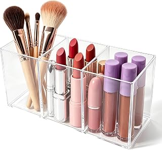 Makeup Brush Holder Clear Acrylic Pen Holder Desk Tidy Organizer | 3 Compartment Makeup Brush Holder