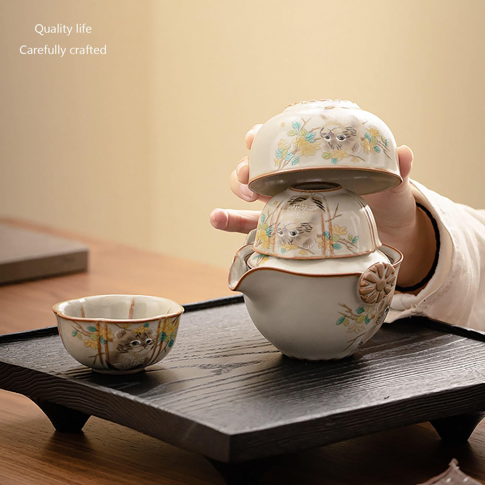 Przenośny zestaw do herbaty dla kota, porcelanowy czajniczek z zaparzaczem, filiżanka do herbaty z zaparzaczem i pokrywką, chiński zestaw do herbaty, zestaw do herbaty Gongfu, zawiera 3 filiżanki i 1