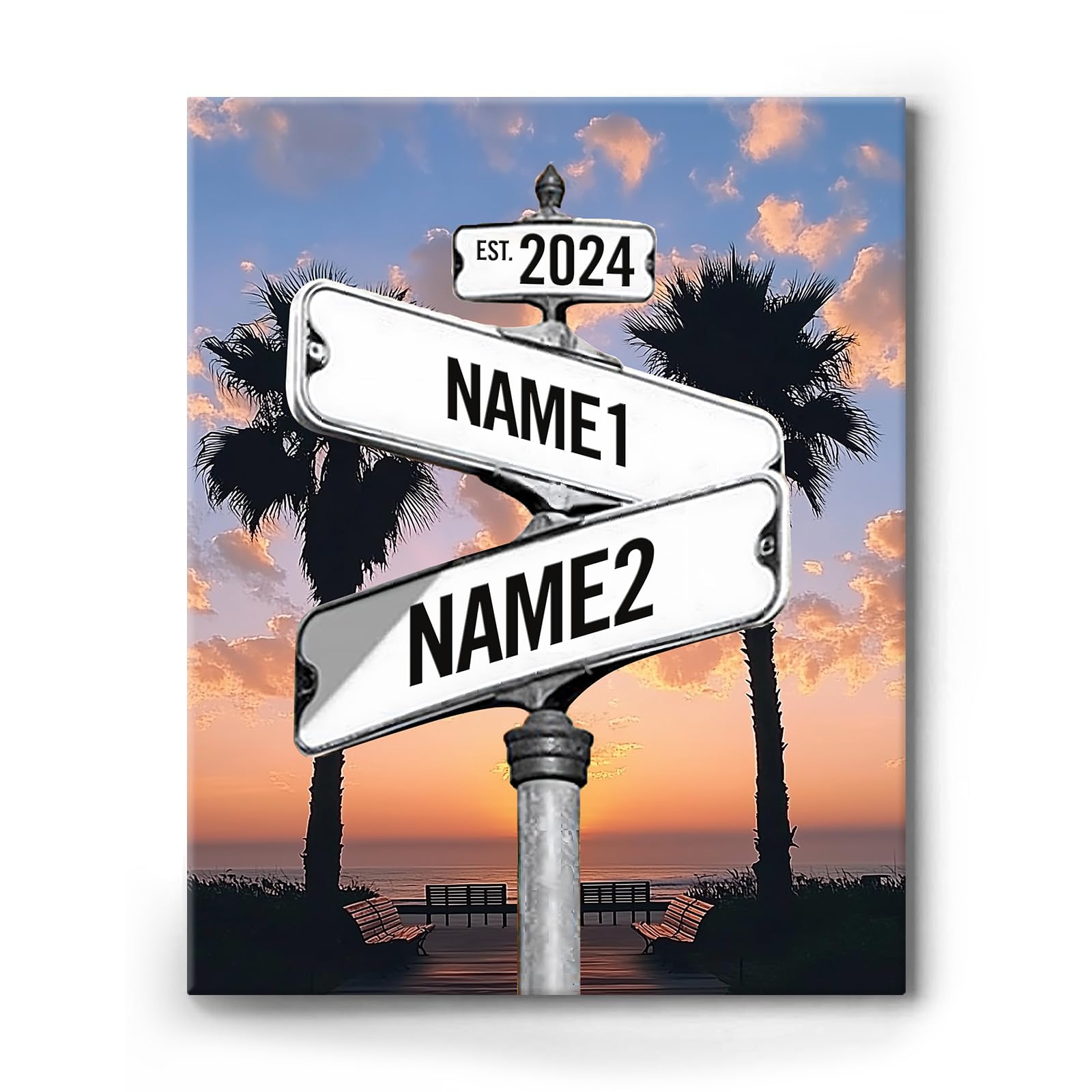 TYPTEK Custom Vintage Street Sign Canvas, Personalized Name with Palm Tree Sunset Design, Unique Wedding or Christmas Gift, Retro Street Sign Poster