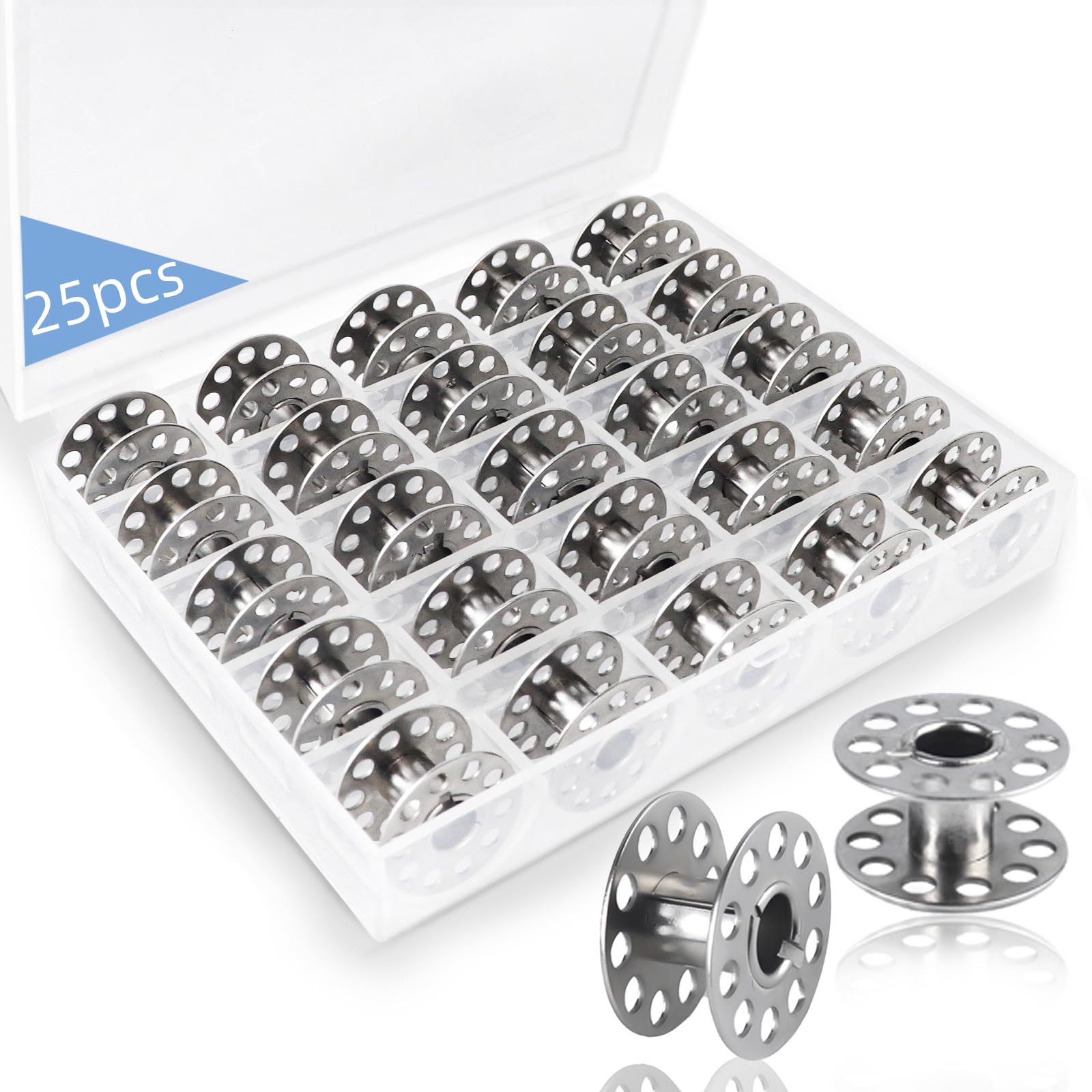 25 Pcs Metal Bobbins,Sewing Machine Bobbins Sewing Machine Accessories with Storage Box Class 15 Bobbins,Suitable for Singer Brother Bernina Kenmore Elna Babyloc Sewing Machine (Silvery)