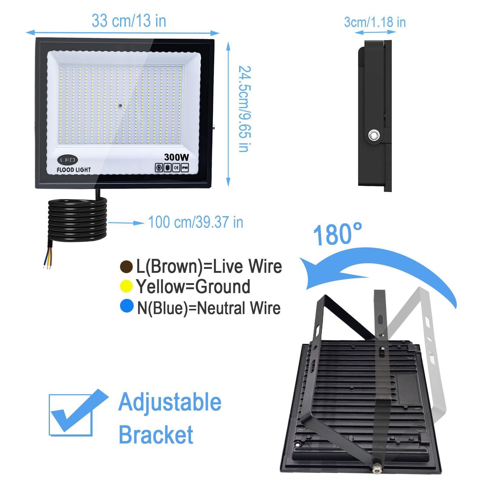 2 Piezas Focos LED Exterior 300W, Tkdaksy 1M Cable Blanco Frío 6500K Proyector LED Exterior, Resistente al Agua IP66 Foco Proyector LED, 20000LM para Terrazas, Patios, Balcones, Parques, Garajes, Fábr