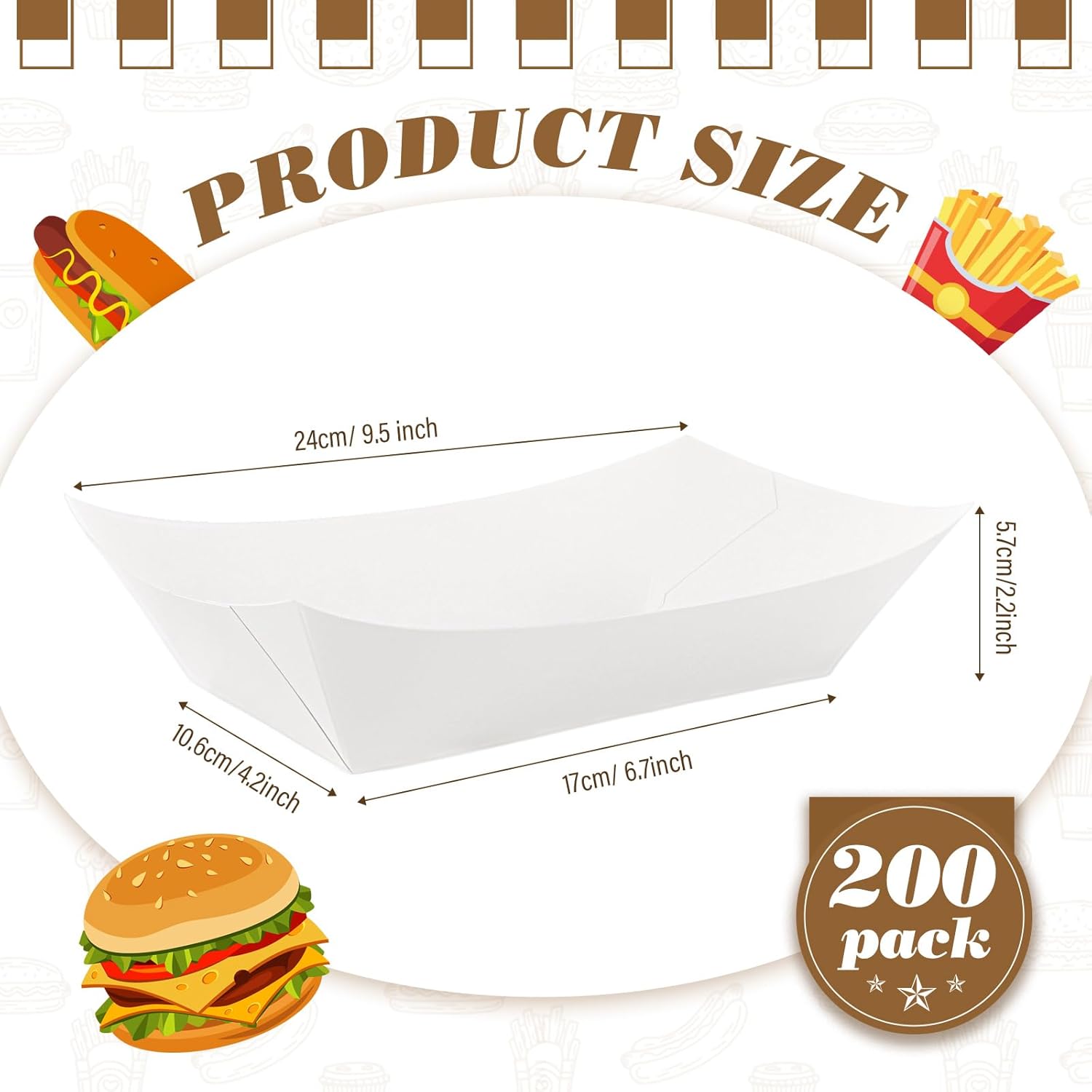 Sherr 200 Pcs 5 lb Kraft Paper Food Trays Boats Bulk, Disposable Nacho Kraft Paper Food Serving Trays Brown for Nachos, Tacos, Fries, Hot Dog, Corn, BBQ, Festivals, Party (White)