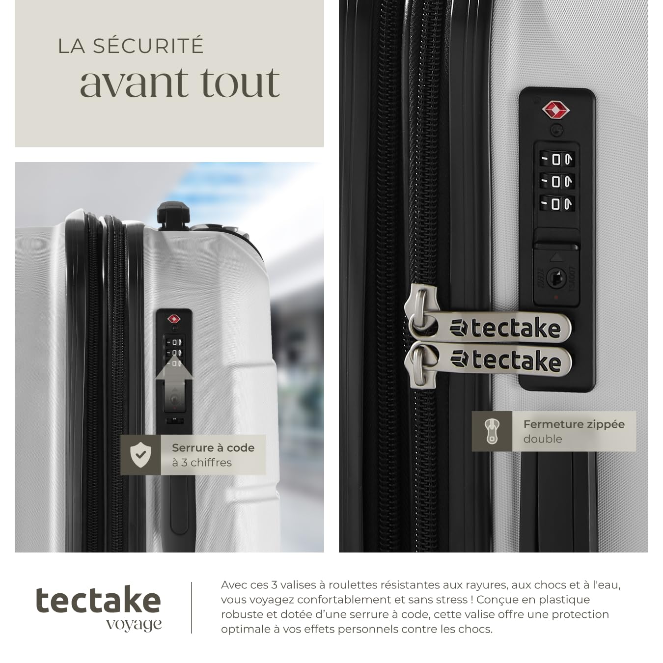 tectake® Set de Valises de Voyage 3 Pcs. Serrure à Combinaison Valise Grande Taille Valise soute et Cabine Petites Valises Sacs de Voyage Maternité ABS avec roulettes 360° Poignée télescopique
