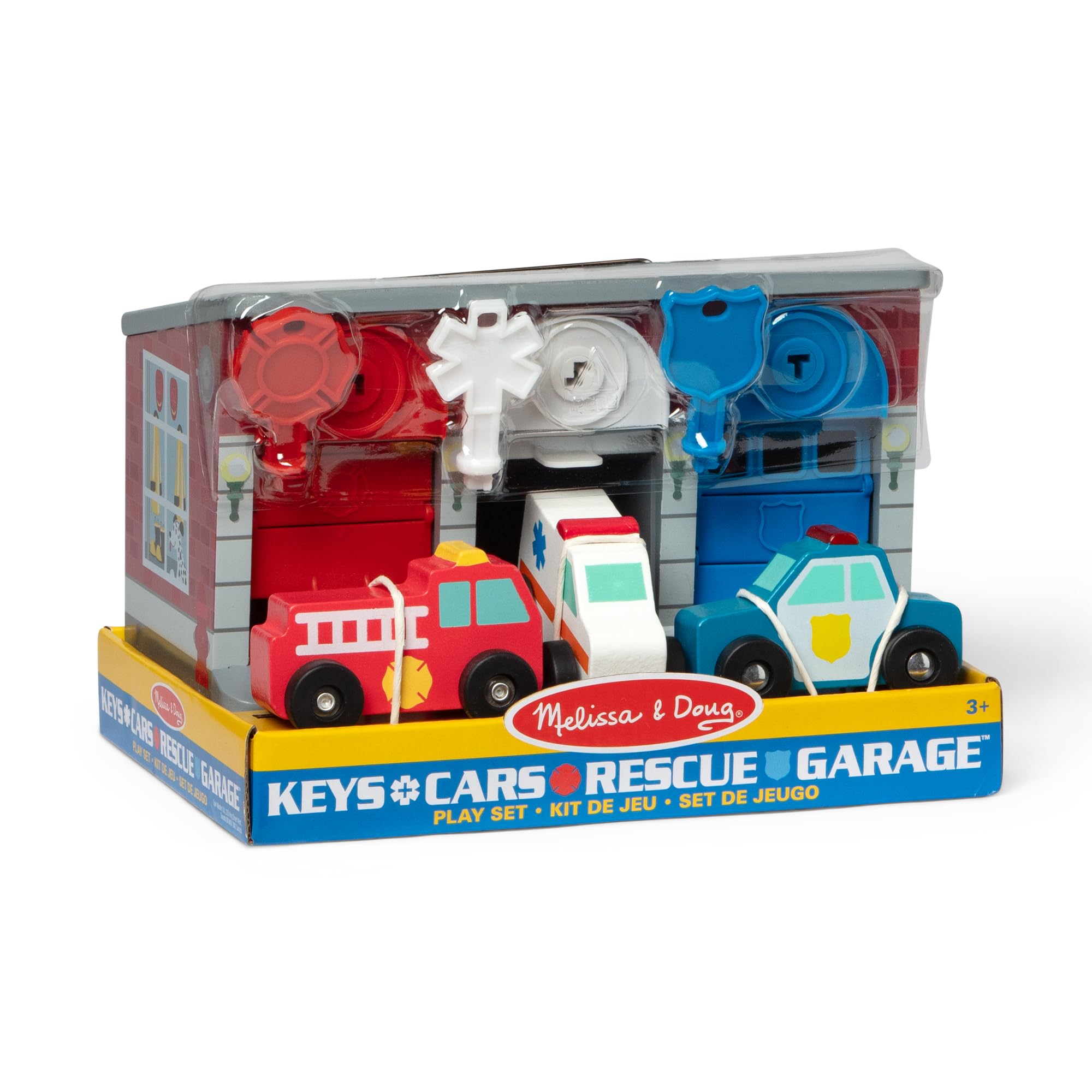 Melissa & Doug - Spielzeug Garage mit Schlüsseln und Rettungsfahrzeugen aus Holz, 7-teilig, für Kinder ab 3 Jahren