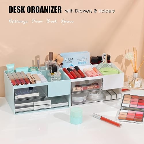 Miniatura 5 de OSteed Organizador de escritorio, caja de almacenamiento de escritorio con cajones y soportes para lápices, maquillaje y manualidades (grande, 2