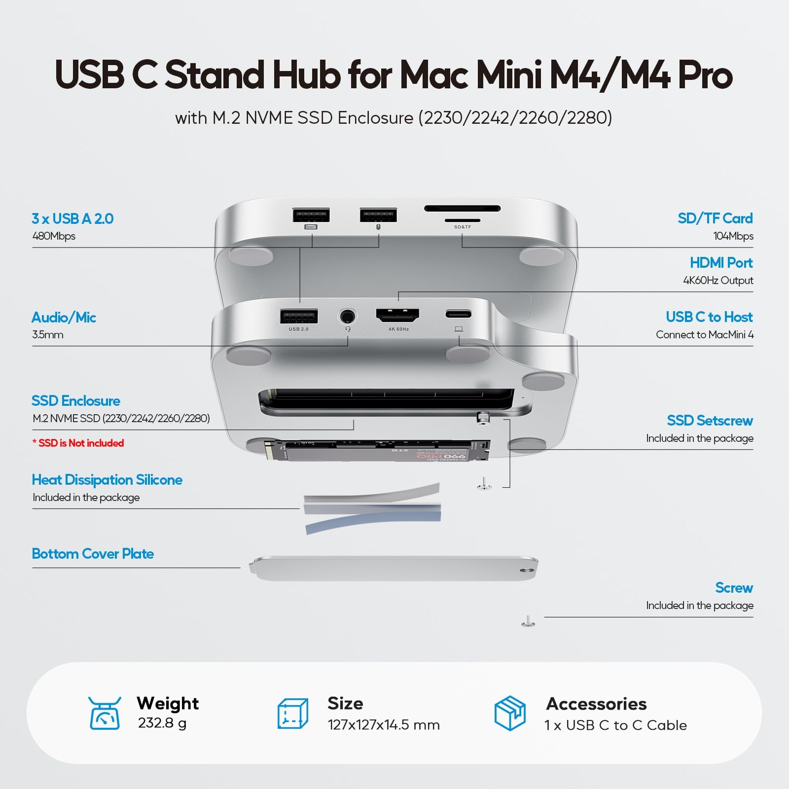 Mac mini M4 Dock z obudową SSD 4TB (SSD nie jest w zestawie), akcesoria hub USB C dla Mac mini 2024 M4 Pro z HDMI 4K 60Hz, 3 x USB A 2.0, SD/TF, audio/mikrofon