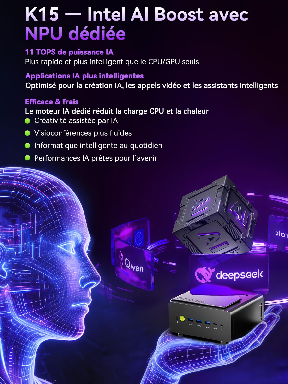 GMKtec Mini PC Gamer Intel Ultra 5 125U, Mini Computer 48 Go DDR5, SSD 1 to, Mini-Ordinateur avec USB4.0 | LAN 2,5G | Affichage Quad 4K | OCuLink – pour Gaming, Bureau et Professionnel, Win11
