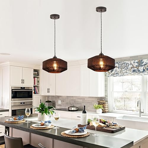 Miniatura 2 de Lámpara colgante tejida de color negro bohemio y moderno, con una sola luz, ajustable, rústica, cuerda de cáñamo, iluminación colgante para cocina,