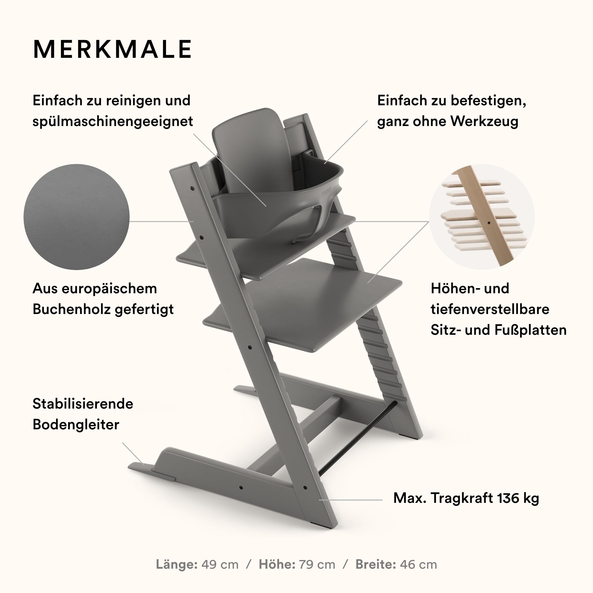 Stokke Tripp Trapp Hochstuhl mit Baby Set, Storm Grey, Buchenholz - Verstellbarer Stuhl für Kleinkinder, Kinder & Erwachsene