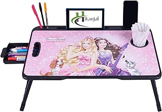 Hitanjal Foldable Wooden Mini Laptop Table for Bed, Study Table with Drawer, Mobile Holder (Barbee)