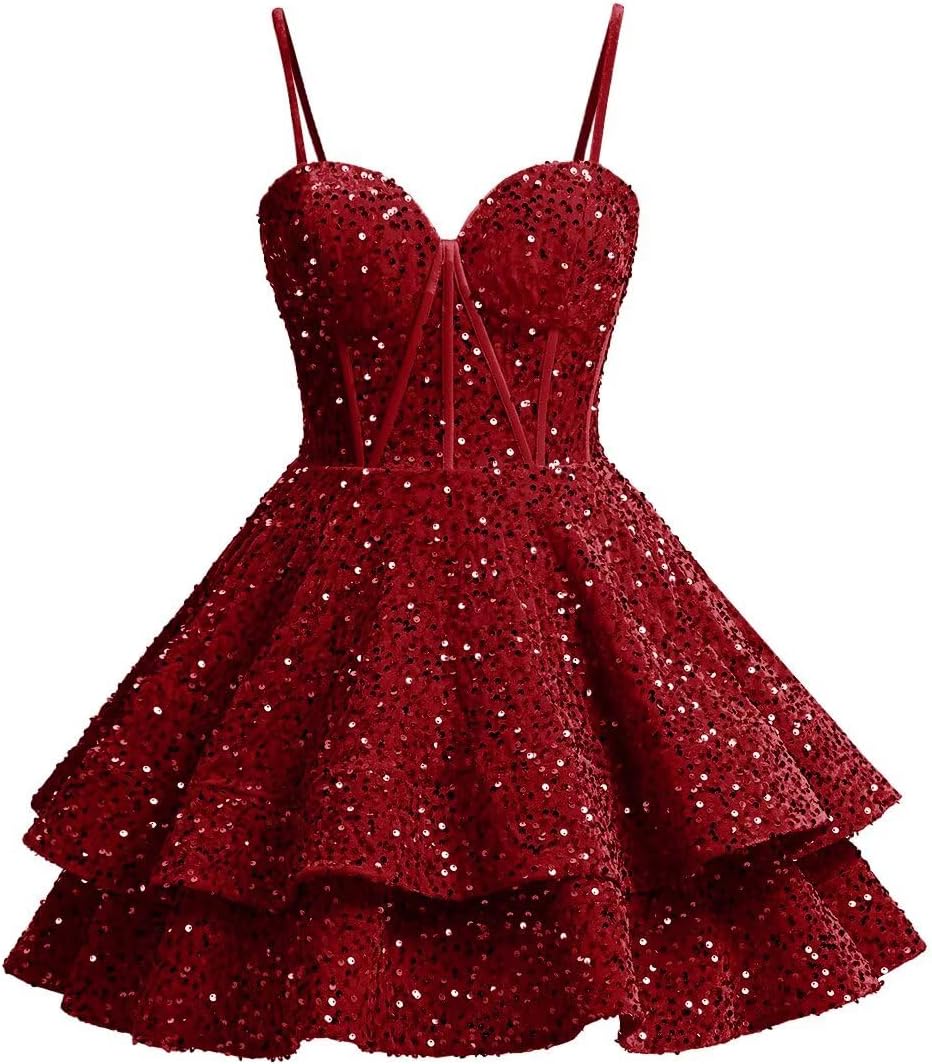 Short Sequin Homecoming Dresses for Teens Corset Sparkly Tiered HOCO Evening Party Cocktail Gown