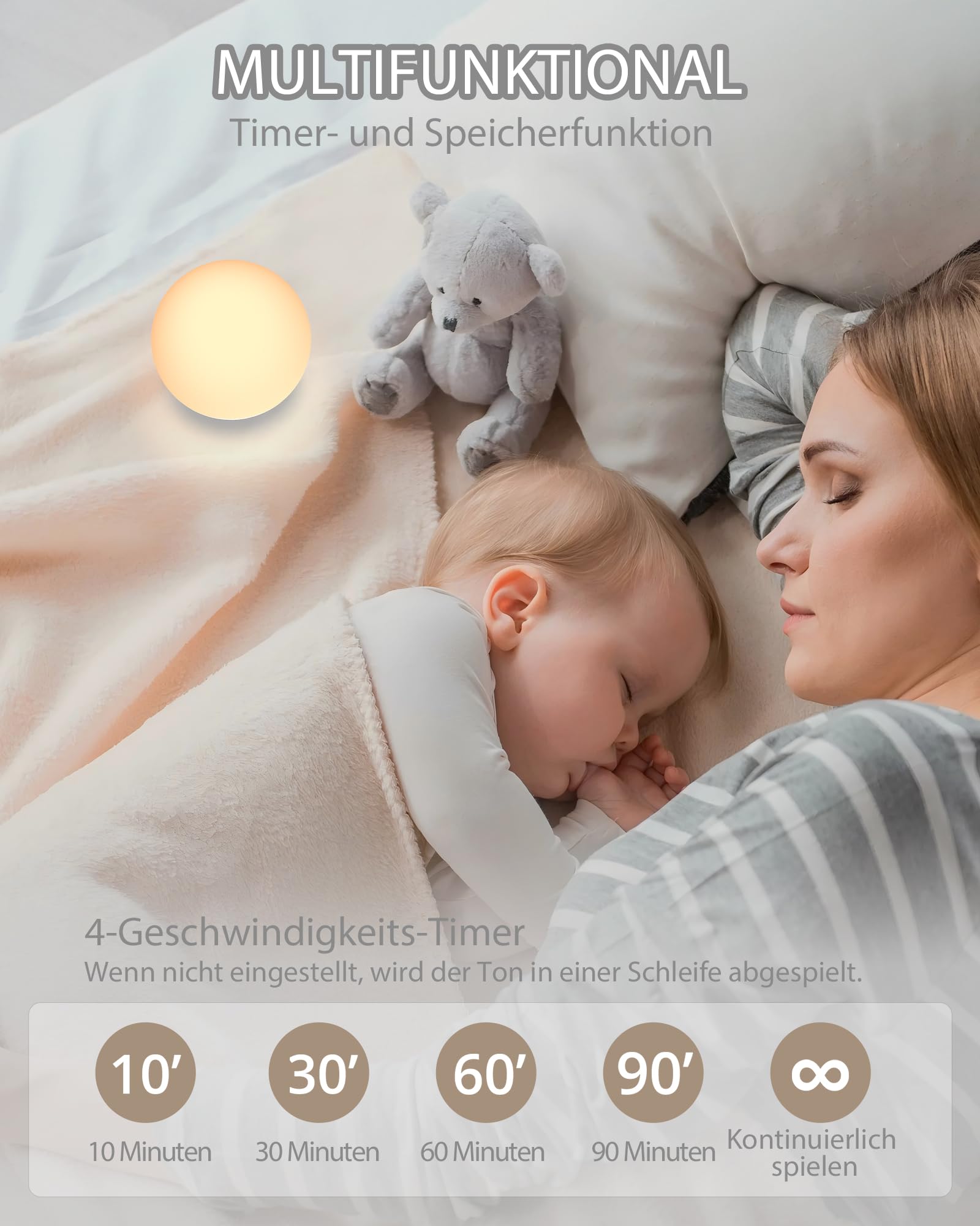 HOMGEN 2 in 1 White Noise Machine Silikon Weißes Rauschen Maschine für Babys Type-C Wiederaufladbare Schlafgeräuschmaschine LED Nachtlicht für Kinder Tischlampe mit dimmbarem warmen Licht 7 Farben