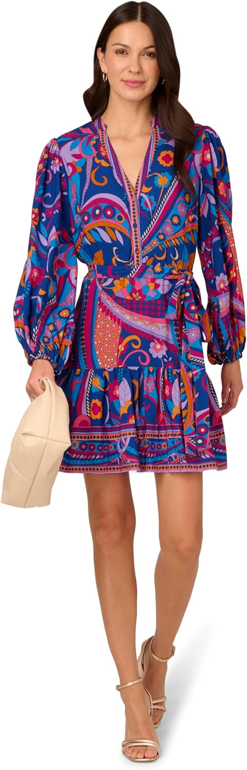 Adrianna Papell Printed Short Dress, Black/Ivory - Image 3