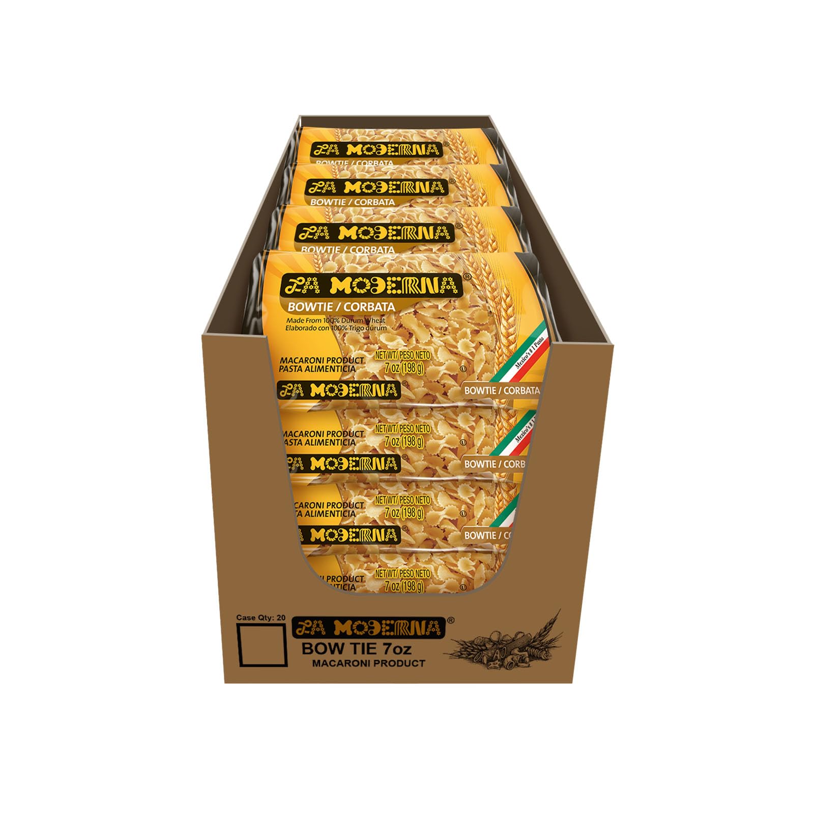 LA MODERNA, Bow Tie Corbata Pasta, 7 oz (Pack of 20) | Enriched Durum Wheat Semolina | Kosher, Non-GMO, Iron and Vitamin-Fortified | Family-Size Value Pack for Soups, Salads, and Quick Meals