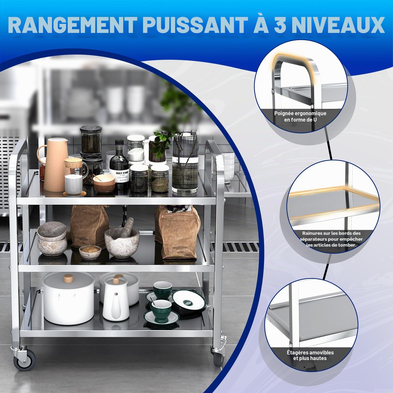 Chariot de Service INOX Service desserte de Cuisine INOX 3 étagères 4 Tailles de Restaurant (62.5 * 31.5 * 80cm)